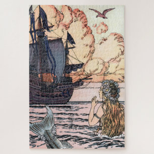  zeemeermin in Zee die het zeilschip bekijkt Legpuzzel