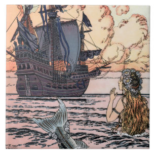 zeemeermin in Zee die het zeilschip bekijkt Tegeltje