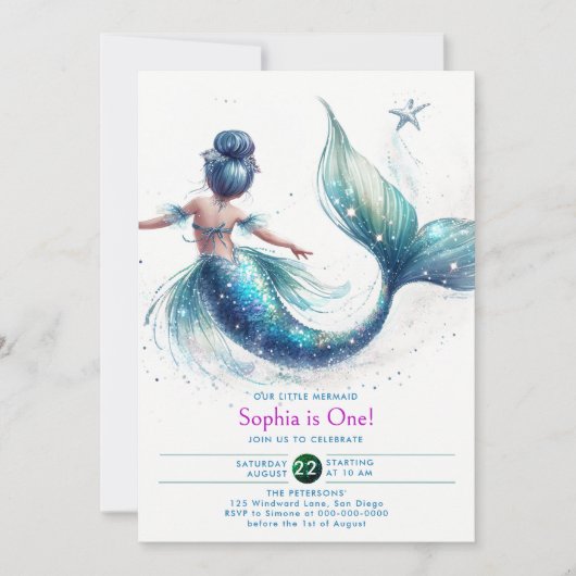 Zeemeermin Iridescent Glitter Onder Zee 1e Verjaar Kaart (Voorkant)