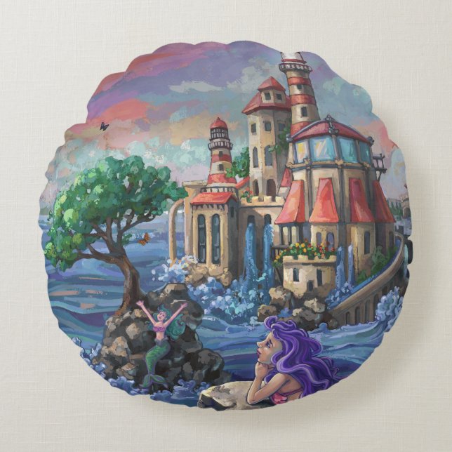 Zeemeermin Kasteel Rond Kussen (Voorkant)