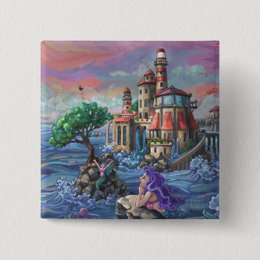 Zeemeermin Kasteel Vierkante Button 5,1 Cm (Voorkant)