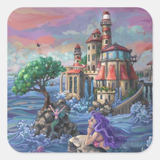 Zeemeermin Kasteel Vierkante Sticker (Voorkant)