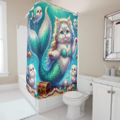 "Zeemeermin Kat met Kittens - Whimsical Water Art" Douchegordijn (In situ)