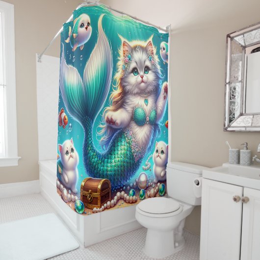 "Zeemeermin Kat met Kittens - Whimsical Water Art" Douchegordijn (In situ)