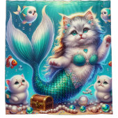 "Zeemeermin Kat met Kittens - Whimsical Water Art" Douchegordijn (Voorkant)