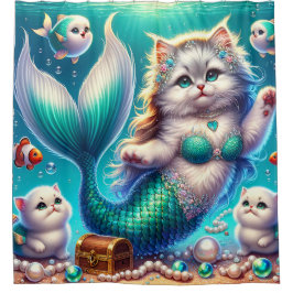 "Zeemeermin Kat met Kittens - Whimsical Water Art" Douchegordijn