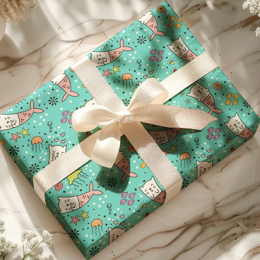 Zeemeermin Kat Nautische Oceaan Kwal Schattige Pat Cadeaupapier