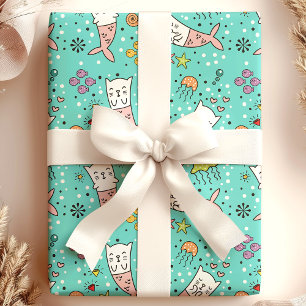 Zeemeermin Kat Nautische Oceaan Kwal Schattige Pat Cadeaupapier