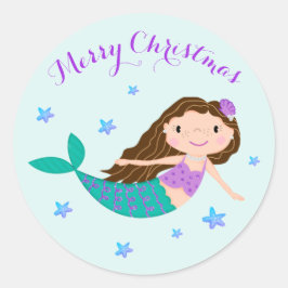 Zeemeermin Kerst Paarse Glitter Ronde Sticker
