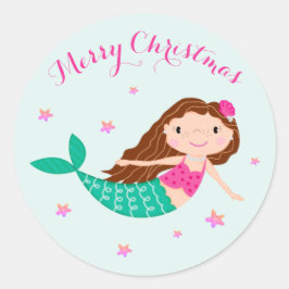 Zeemeermin Kerst Roze Blauwgroen Ronde Sticker