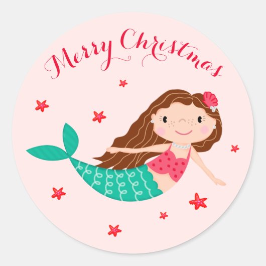 Zeemeermin Kerstmis Blush Roze Ronde Sticker (Voorkant)