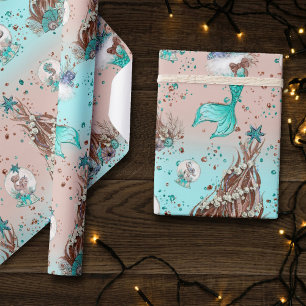 Zeemeermin Kerstmis Kousen en Bomen Blauwgroen P Cadeaupapier