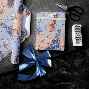 Zeemeermin Kerstmis   Kousen en boomblauw Sinaasap Cadeaupapier