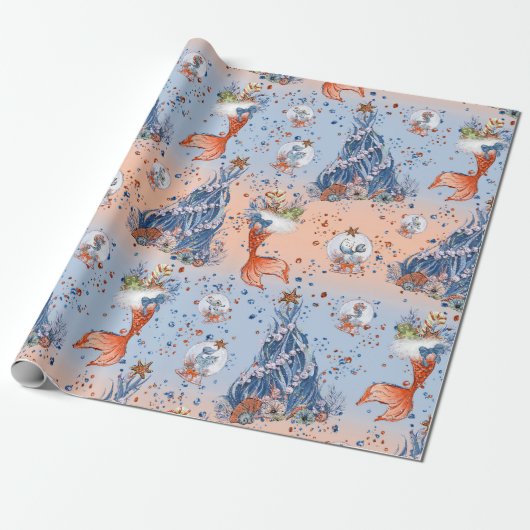 Zeemeermin Kerstmis | Kousen en boomblauw Sinaasap Cadeaupapier (Uitgerold)