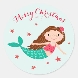 Zeemeermin Kerstmis Rode Aqua Ronde Sticker