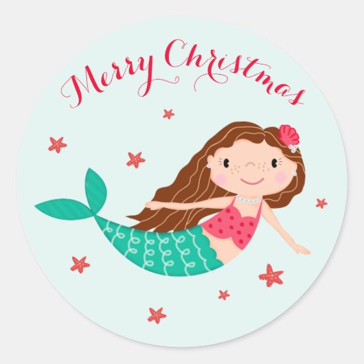 Zeemeermin Kerstmis Rode Aqua Ronde Sticker (Voorkant)