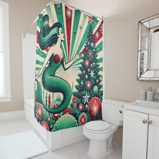 zeemeermin kerstrood en groen wonderland douchegordijn (In situ)