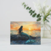 Zeemeermin Kijkt Een Sunrise Art Briefkaart (Staand voorkant)