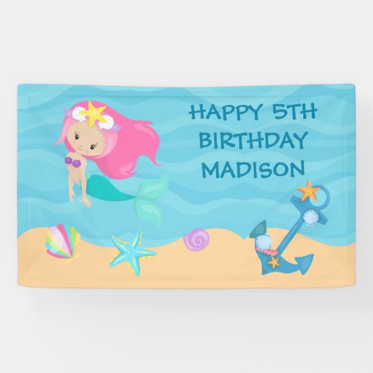 Zeemeermin Kinder Aangepaste Beach Birthday Party Spandoek (Horizontaal)