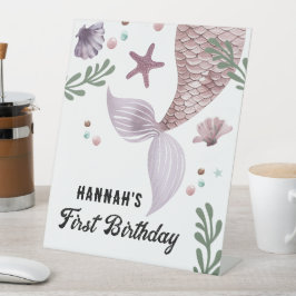 Zeemeermin Kinderen Verjaardag Zee Paarse Reclamebord Met Voetstuk