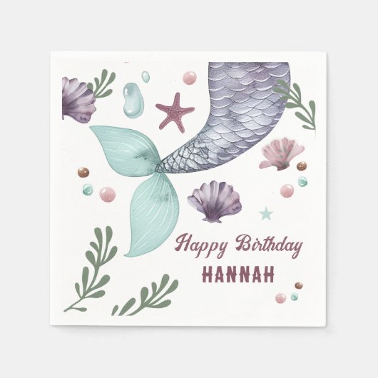 Zeemeermin Kinderen Verjaardag Zee Paarse Servet (Voorkant)