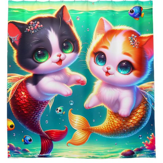 Zeemeermin Kittens met Fish Friends Douchegordijn (Voorkant)