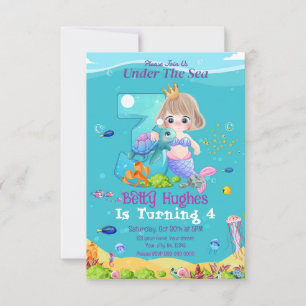Zeemeermin krachtens het Zee 3e verjaardag uitnodi Kaart