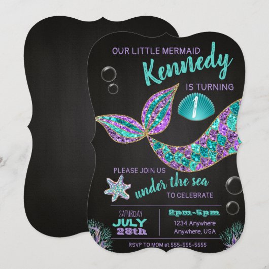 Zeemeermin krijtbord verjaardagsuitnodiging, glitt kaart (Voorkant / Achterkant)