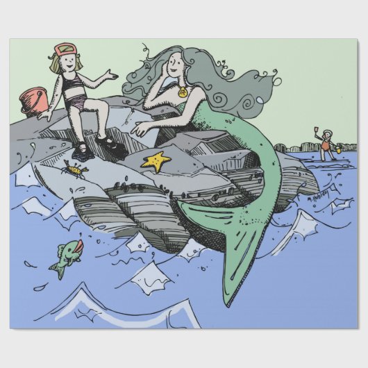 Zeemeermin kust schattig cartoon strand kind kunst cadeaupapier (Vlak)
