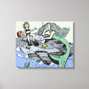 Zeemeermin kust schattig cartoon strand kind kunst canvas afdruk