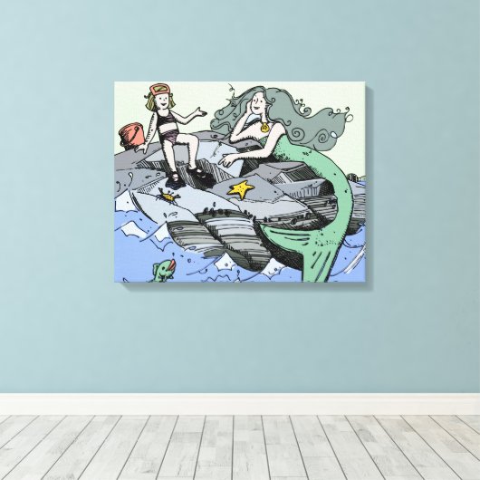 Zeemeermin kust schattig cartoon strand kind kunst canvas afdruk (Insitu (Houten vloer))