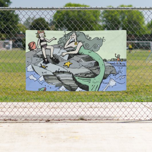 Zeemeermin kust schattig cartoon strand kind kunst spandoek (Insitu)