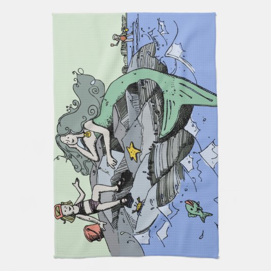 Zeemeermin kust schattig cartoon strand kind kunst theedoek (Verticaal)