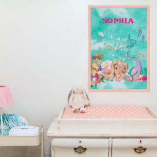 Zeemeermin Licht Haar Roze Schattig Zeester Poster