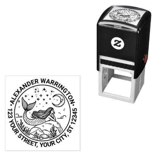 Zeemeermin Liggend op Rotsen Maan Naam Retouradres Zelfinktende Stempel (In situ)