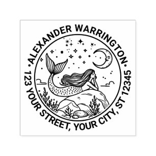Zeemeermin Liggend op Rotsen Maan Naam Retouradres Zelfinktende Stempel
