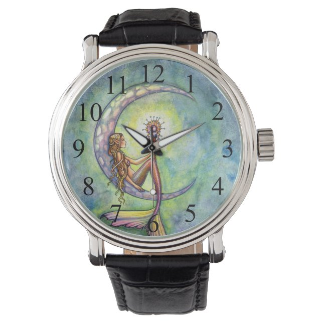 Zeemeermin Maan Fantasie Kunst Horloge (Voorkant)