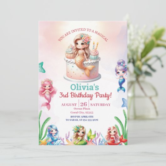 Zeemeermin Magische 3e Verjaardag Party Meisje Kaart (Staand voorkant)