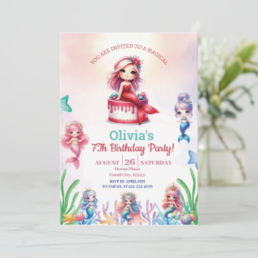 Zeemeermin magische 7e verjaardag Party Meisje Kaart (Staand voorkant)