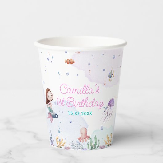 Zeemeermin Meisje 1e Verjaardagsfeest Papieren Bekers (Voorkant)