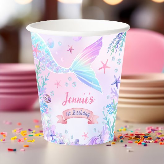Zeemeermin Meisje 1e Verjaardagsfeest Papieren Bekers
