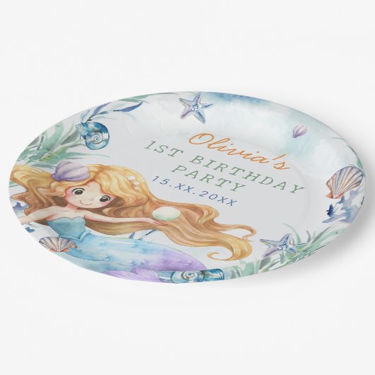 Zeemeermin Meisje 1e Verjaardagsfeest Papieren Bordje (Gekanteld)
