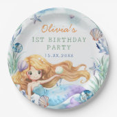 Zeemeermin Meisje 1e Verjaardagsfeest Papieren Bordje (Voorkant)