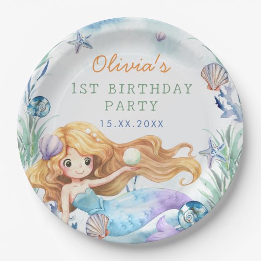 Zeemeermin Meisje 1e Verjaardagsfeest Papieren Bordje (Voorkant)