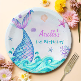 Zeemeermin Meisje 1e Verjaardagsfeest Papieren Bordje