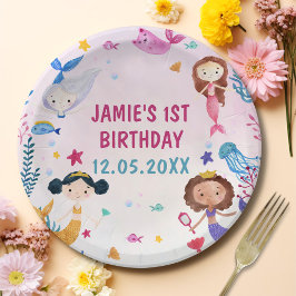 Zeemeermin Meisje 1e Verjaardagsfeest Papieren Bordje
