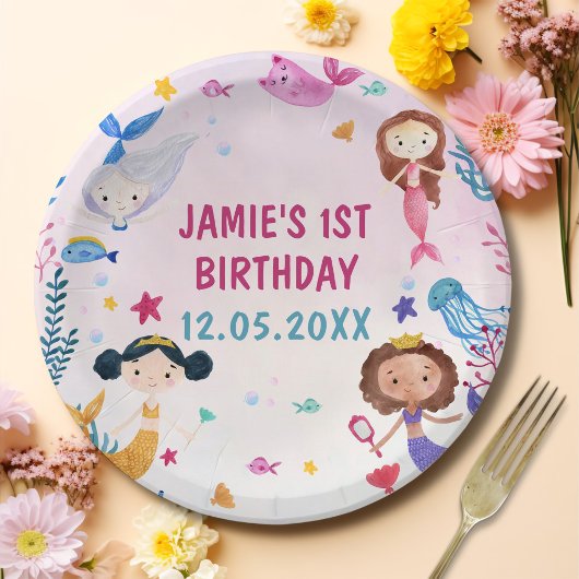 Zeemeermin Meisje 1e Verjaardagsfeest Papieren Bordje