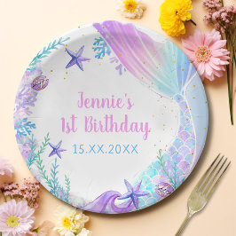 Zeemeermin Meisje 1e Verjaardagsfeest Papieren Bordje