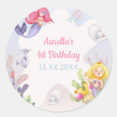 Zeemeermin Meisje 1e Verjaardagsfeest Ronde Sticker (Voorkant)