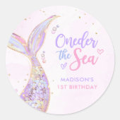 Zeemeermin Meisje 1e Verjaardagsfeest Ronde Sticker (Voorkant)